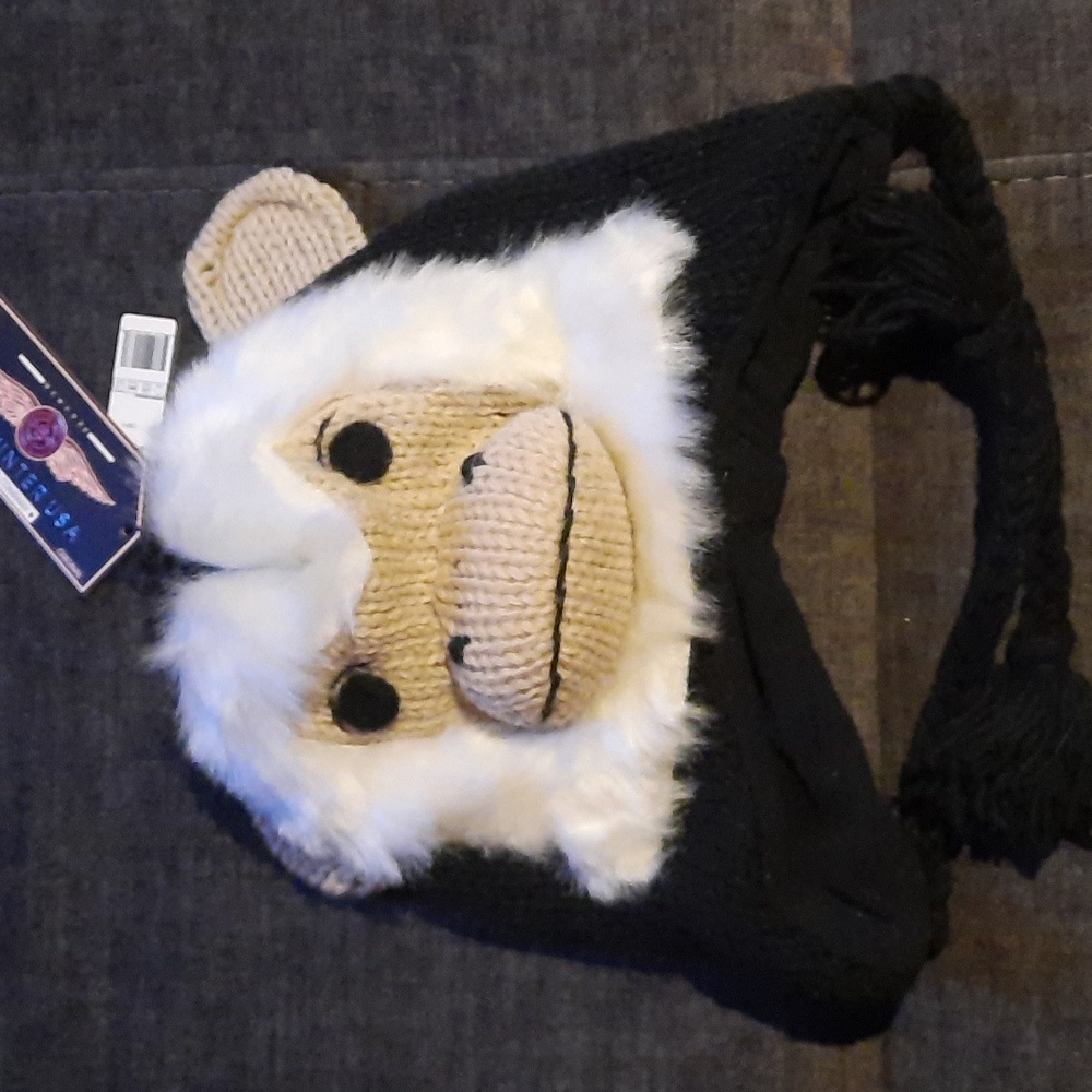 Capuchin Monkey Wool Knit Hat Ear Flap Braided Ties Youth Teen Tween NWT Cute
